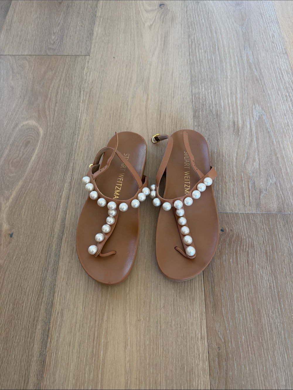 Stuart Weitzman Tan Pearl-Embellished T-Strap Sandals